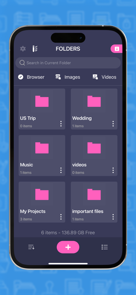 iPhone app interface showing organized digital folders for music videos and personal projects.