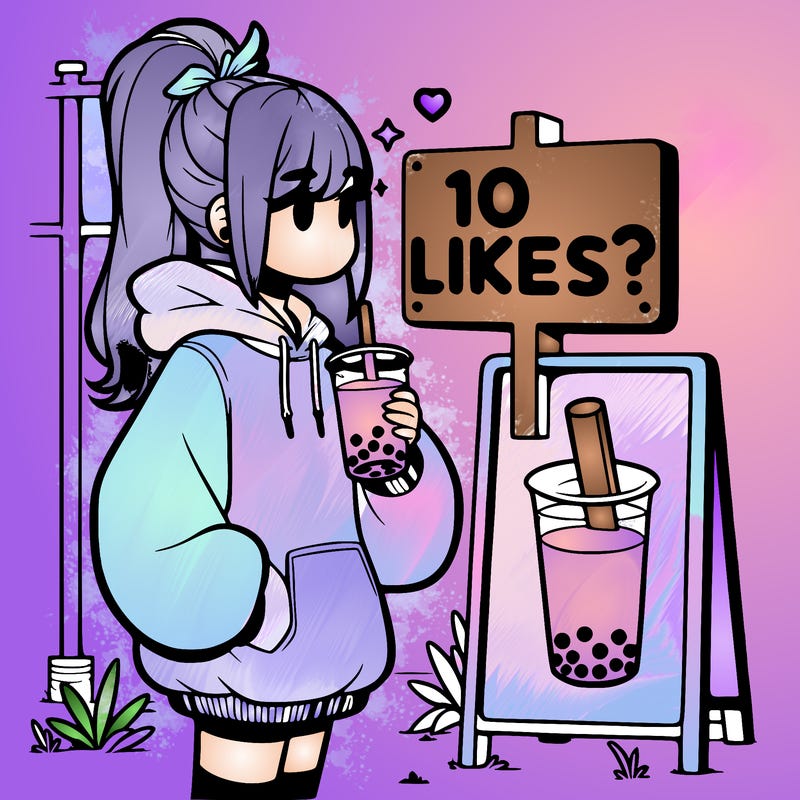 girl with oversized hoodie drinking boba and she has a high ponytail with a sign that says 10likes?