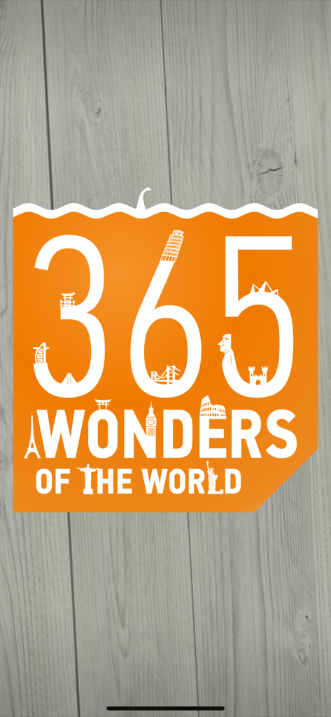 Splash screen of the 365 Wonders of the World app featuring silhouettes of global landmarks on an orange background.