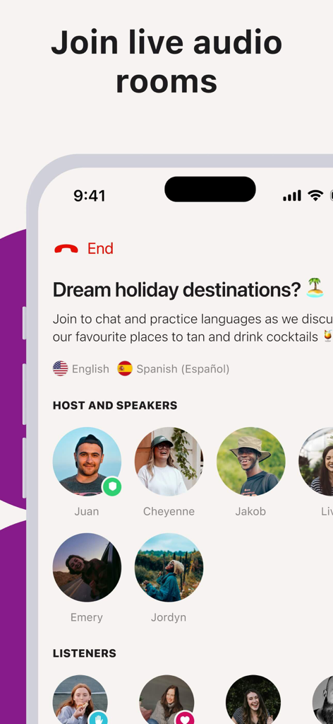Tandem: Conversation exchange - Tandem app interface showing a live audio room titled Dream holiday destinations with participants practicing languages together