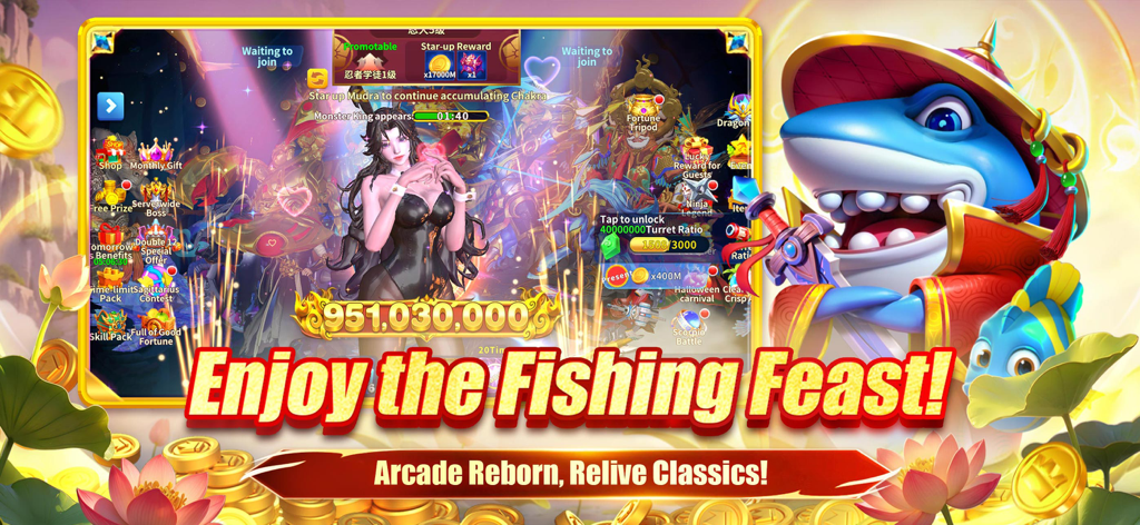 Fishing Party-Happy Casino - Tela promocional de Fishing Party Happy Casino mostrando um mascote de tubarão e uma recompensa de jackpot massiva de moedas