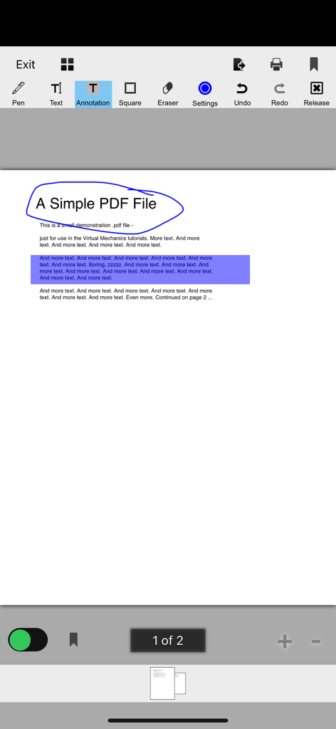 Books Guru app interface showing PDF annotation tools with highlighted text and a circled title