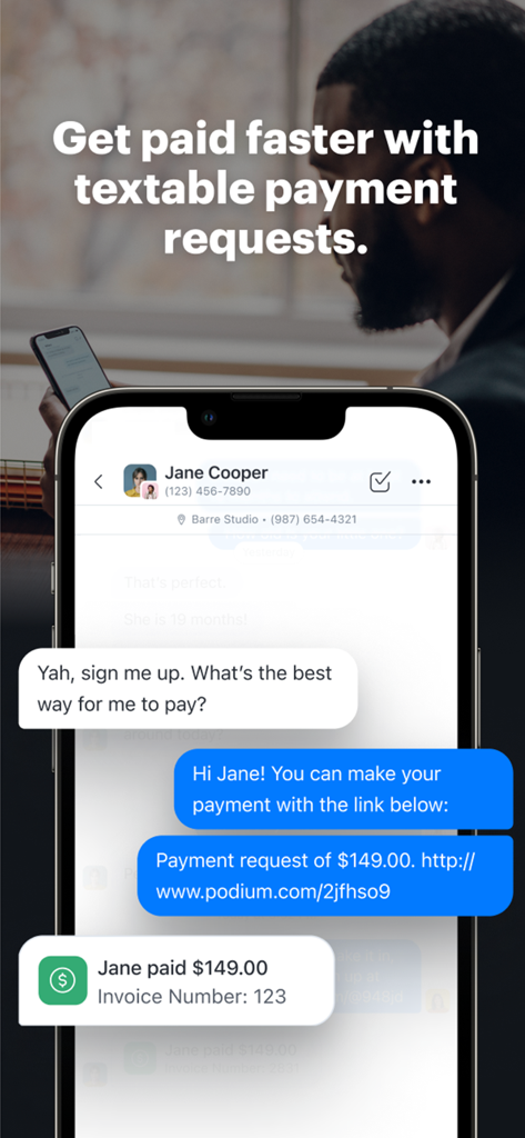 Podium - Small Business Tools - Mobile app interface showing a text conversation for a payment request and a confirmation notification that the customer has paid