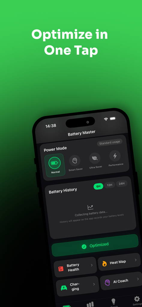 Battery Master Pro Saver - Dashboard of Battery Master Pro Saver showing power modes and battery health monitoring