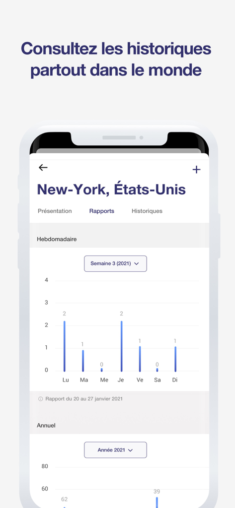 Waterdrop - Waterdrop mobile app showing historical weekly rainfall reports for New York