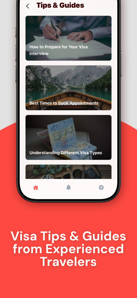 VisaNow: Find Visa Appointment - A mobile screen showing visa application tips and guides within the VisaNow app
