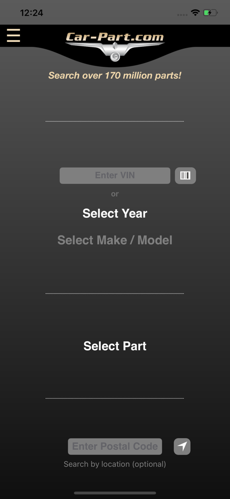 Car-Part.com Auto Parts Market - Car-Part.com app search screen for recycled auto parts by VIN or vehicle details