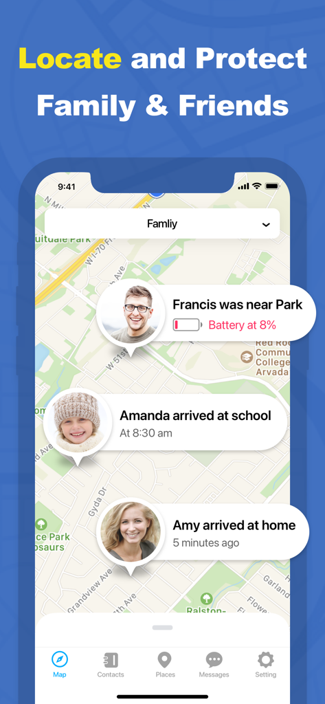 Interface de carte en temps réel de l'application Localiser mon téléphone, mes amis et ma famille montrant les localisations des membres et les mises à jour de statut comme les arrivées à l'école et les niveaux de batterie