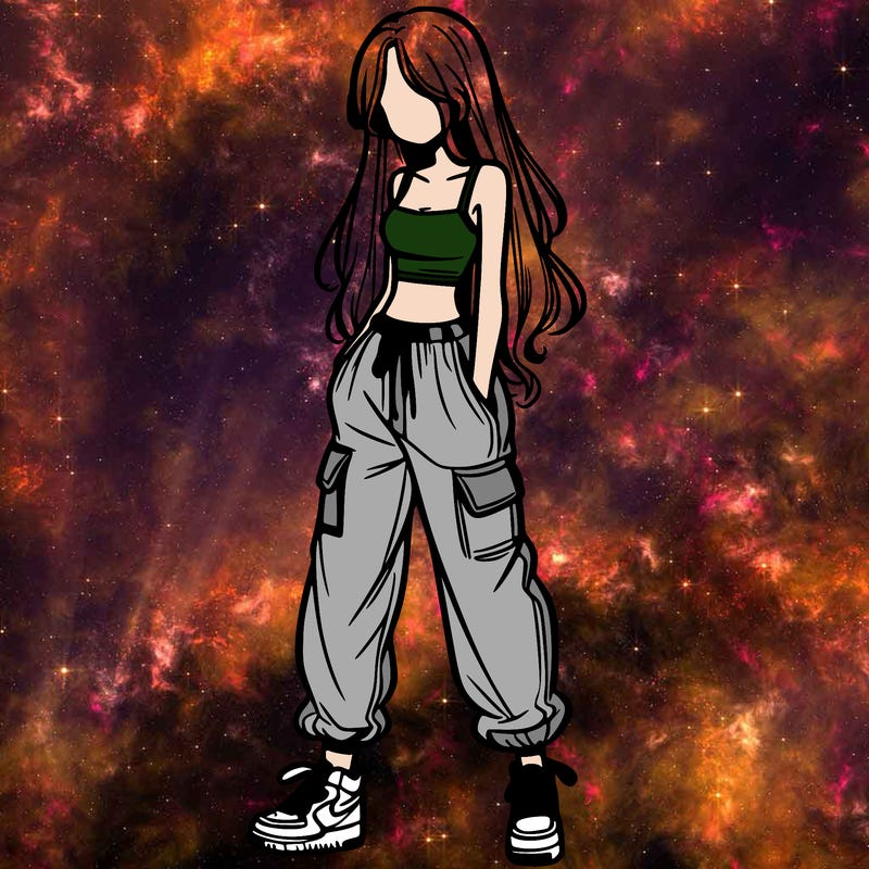 girl in baggy pants crop top and long hair