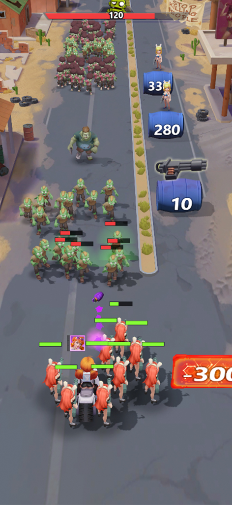 배틀 키스의 탑다운 슈팅 레벨에서 좀비 떼에게 총을 쏘는 여성 캐릭터 그룹.