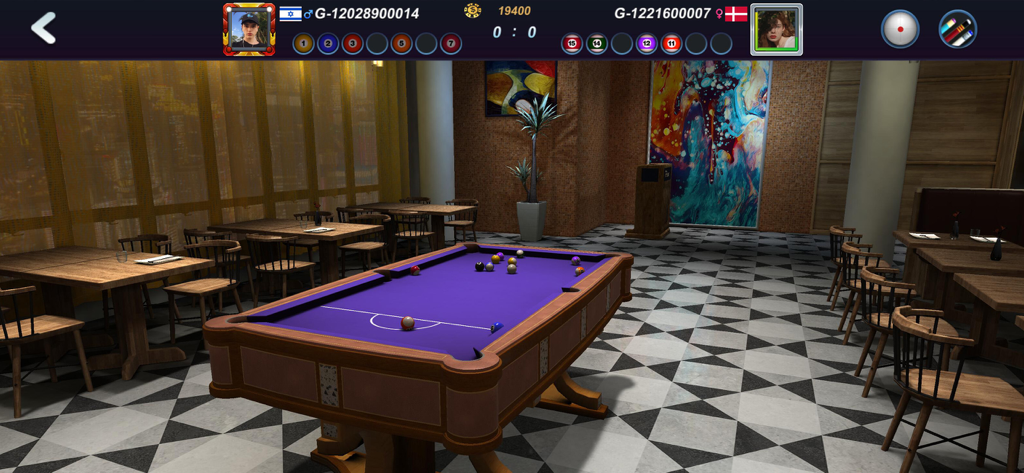 A purple billiards table in a realistic 3D social club environment