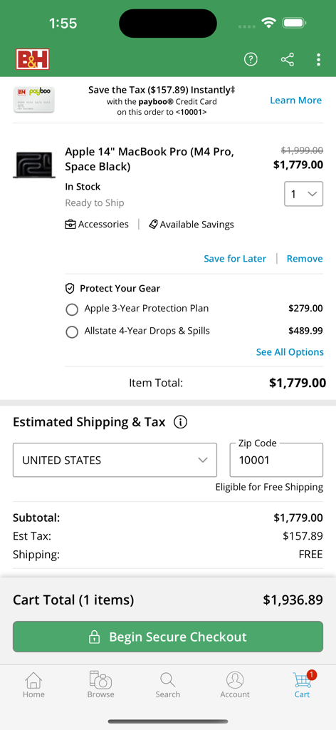 A shopping cart screen in the B&H Photo Video app featuring a MacBook Pro and a secure checkout button