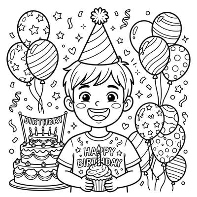 Bring joy to a special day with this vibrant birthday portrait coloring page designed for kids. Featuring a cheerful child ready to celebrate, it's packed with balloons, cake, and festive spirit.