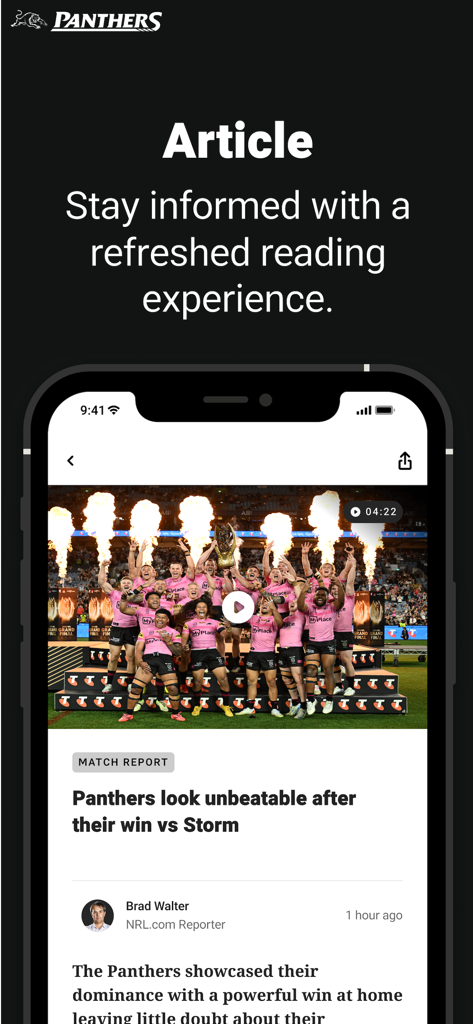 Penrith Panthers - Penrith Panthers app showing a news article match report with a video highlight of the team celebration