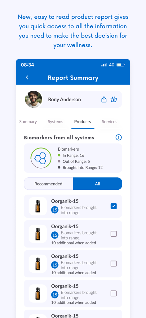 A mobile screen showing the Visera Link app report summary with biomarker data and recommended essential oil products for wellness assessment