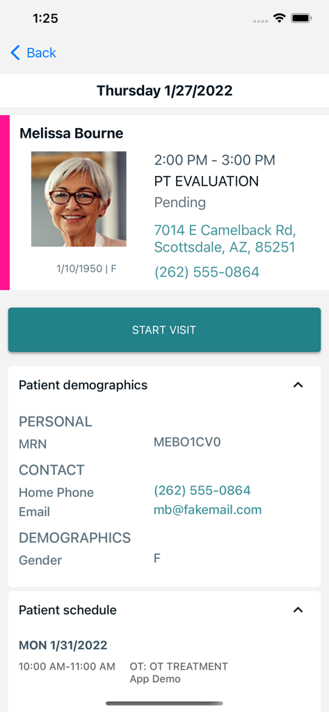 WellSky Resource Manager mobile app showing patient demographic information and a start visit button for a physical therapy appointment