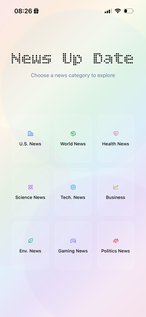 Gram News - Gram News app interface showing news categories like Tech Science and World News