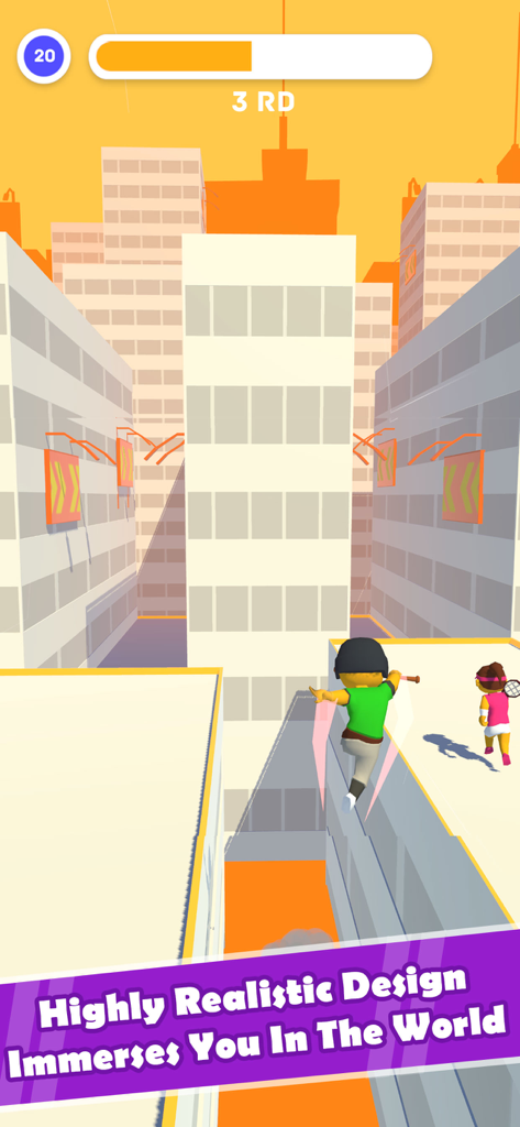 Parkour Race - Fun Run Games - Gameplay of Parkour Race showing characters jumping between skyscrapers in a city