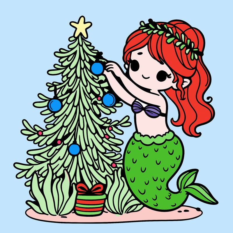 a mermaid decorating a seaweed christmas tree