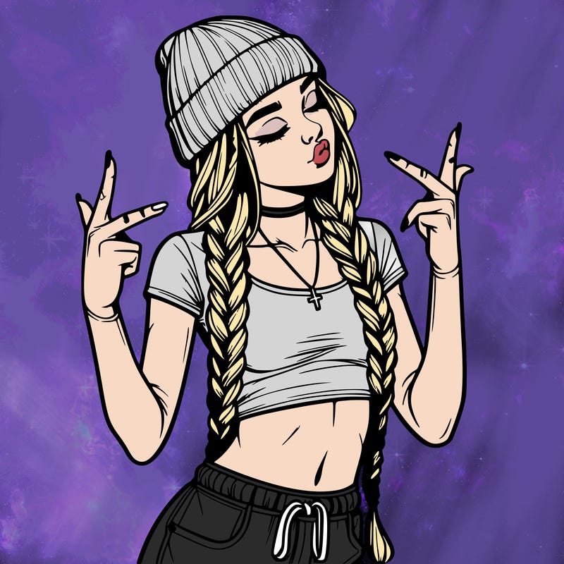 realistic teenage girl with braids and a beanie and crop top doing 🫶🏼