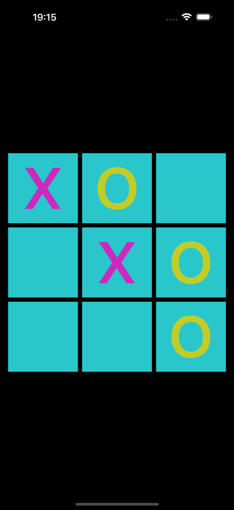 Tic Tac Toe & Four in a Row - A game of Tic Tac Toe with pink X and lime O symbols on a teal grid.
