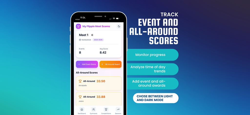 My Flippin Meet Scores - Screenshot of My Flippin Meet Scores app interface for tracking gymnastics event and all-around scores