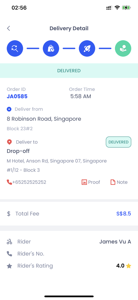 MilkRun app delivery detail screen showing a completed order with rider and fee information