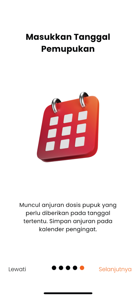 Petani Cerdas - Petani Cerdas app onboarding screen featuring a red calendar icon for the fertilization reminder feature.