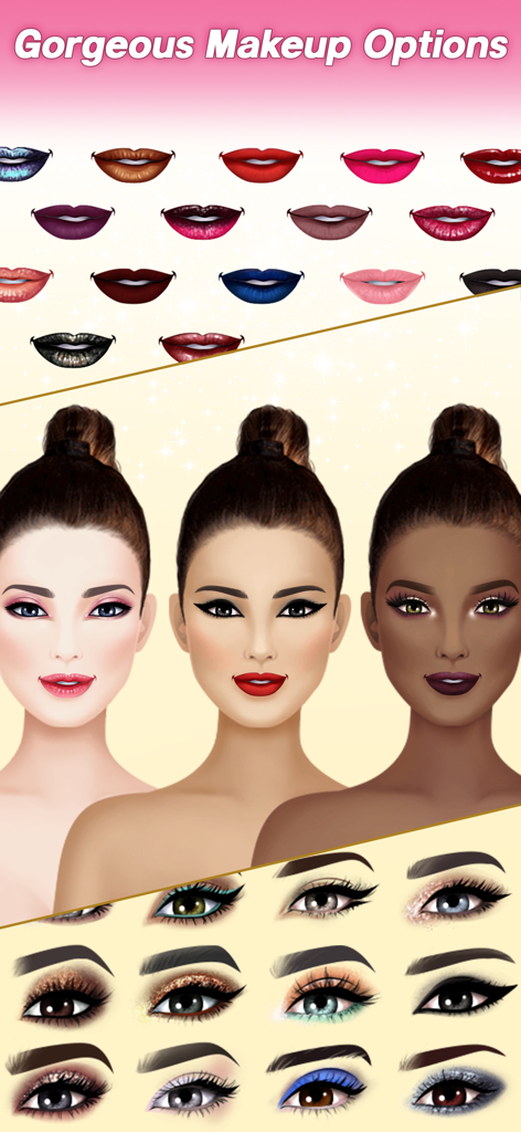 Exhibición de varias opciones de maquillaje, incluidos colores de labios y sombras de ojos para modelos con diversos tonos de piel en el juego Dress Up Stylist