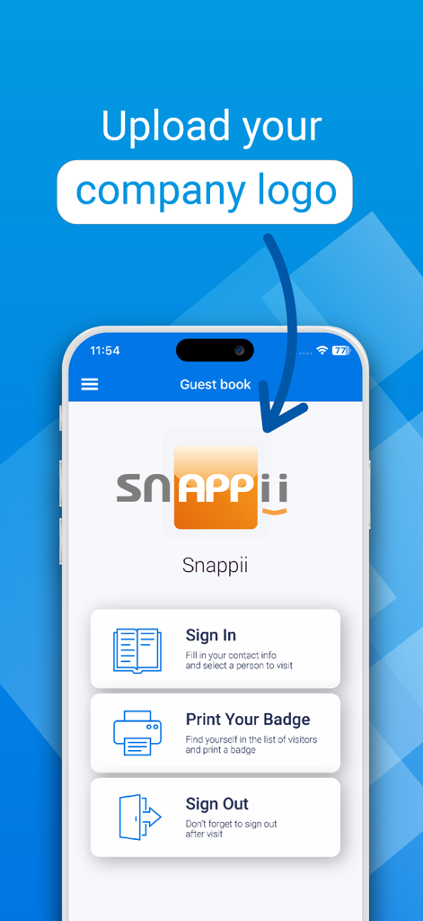 Interface of the visitor sign in app showing options to upload a company logo and a menu for guest check in and badge printing