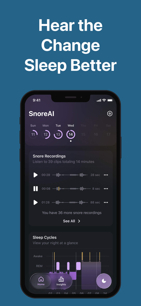 Snore Tracker - Record Snoring - SnoreAI mobile app interface showing a list of recorded snores and sleep cycle chart