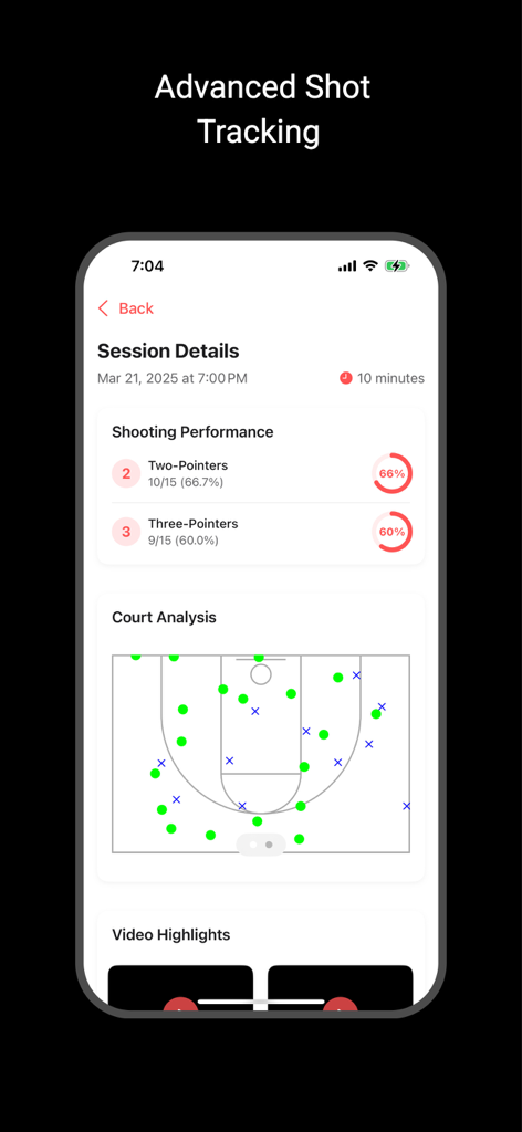 Shot Count - Basketball AI - Shot Count app screen showing basketball shooting performance percentages and a visual shot chart heatmap.
