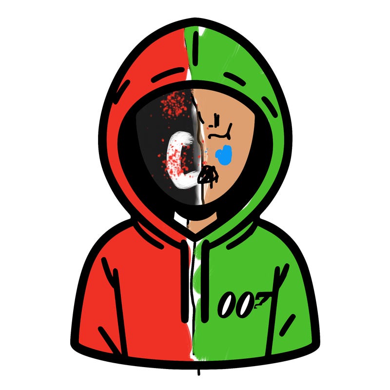 a person with non face waering a hoodie with a small 007 symbol