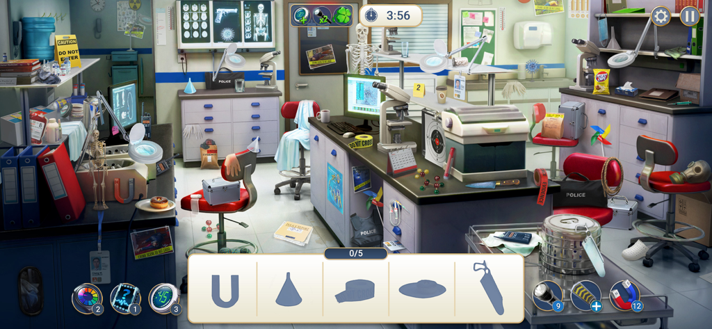 Gameplay screenshot of a forensic laboratory scene with silhouettes of hidden objects to find in Homicide Squad