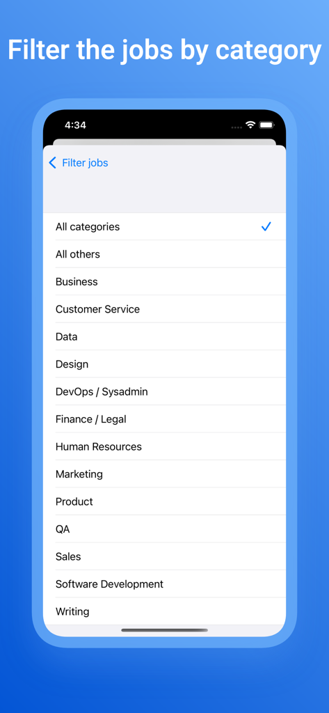 Interfaccia dell'app Remoti che mostra filtri per categorie di lavoro da remoto come Design, Dati e Sviluppo Software