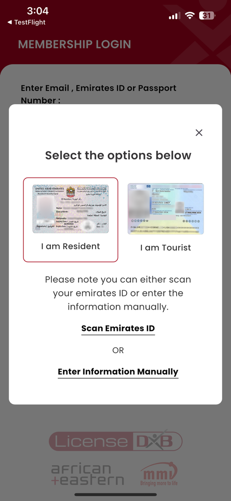 LICENSE DXB APP - License DXB app membership login screen with resident and tourist selection options