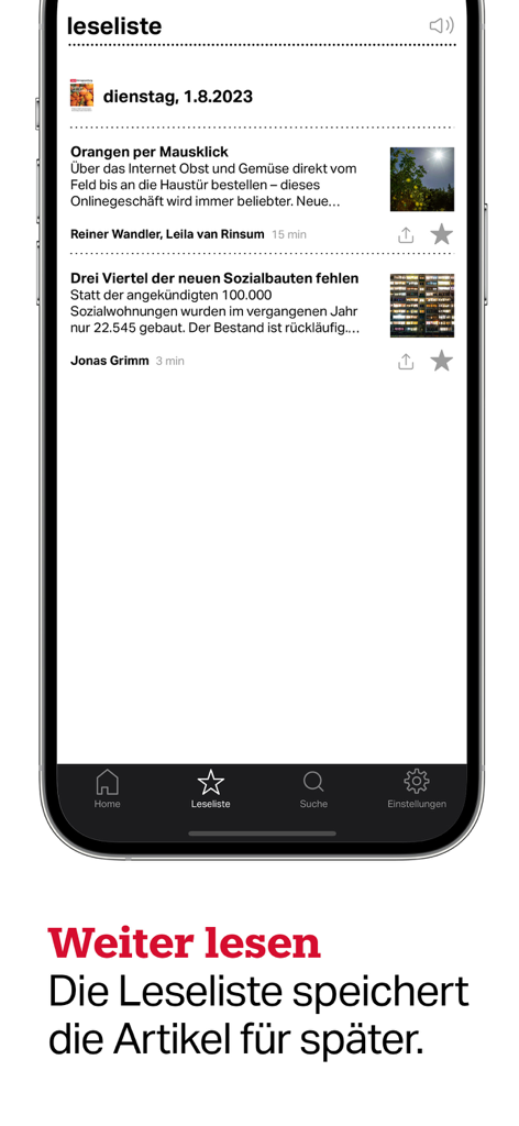 taz, die tageszeitung - Schermata dell'elenco di lettura dell'app di notizie taz che mostra gli articoli salvati su un iPhone
