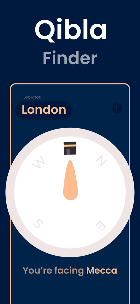 Pillars: Prayer Times & Qibla - Screenshot of Pillars app Qibla Finder feature showing direction to Mecca