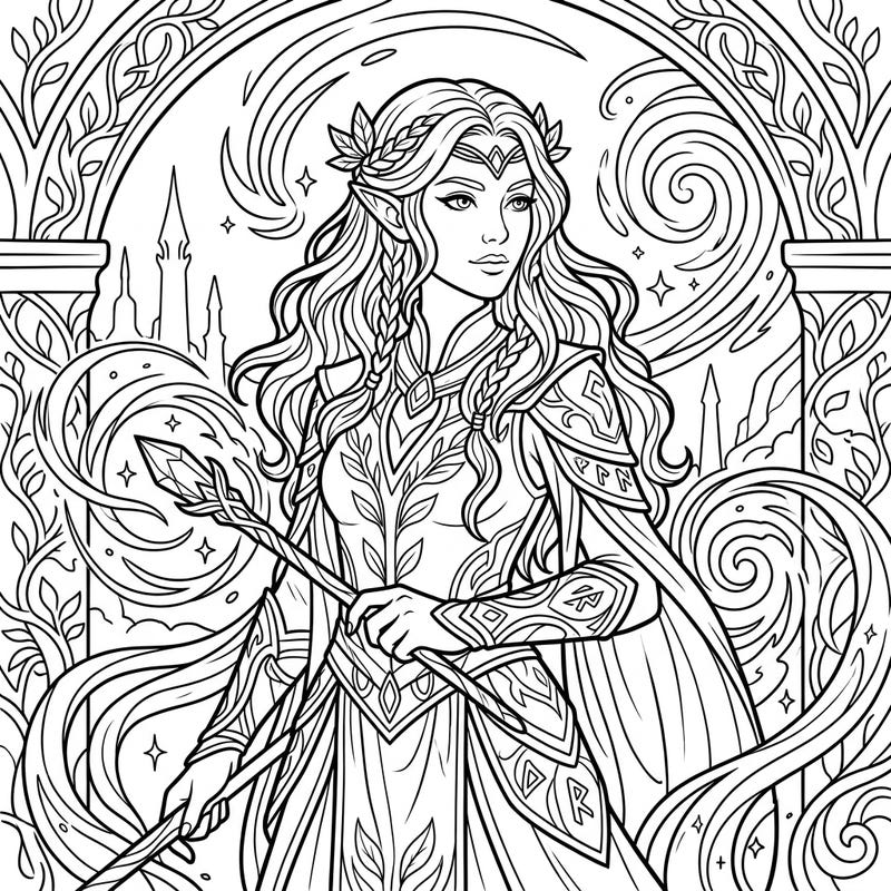 Step into a world of magic and beauty with this stunning High Elf coloring page, perfect for teens. Explore intricate details and bring this majestic fantasy character to life with your favorite colors.