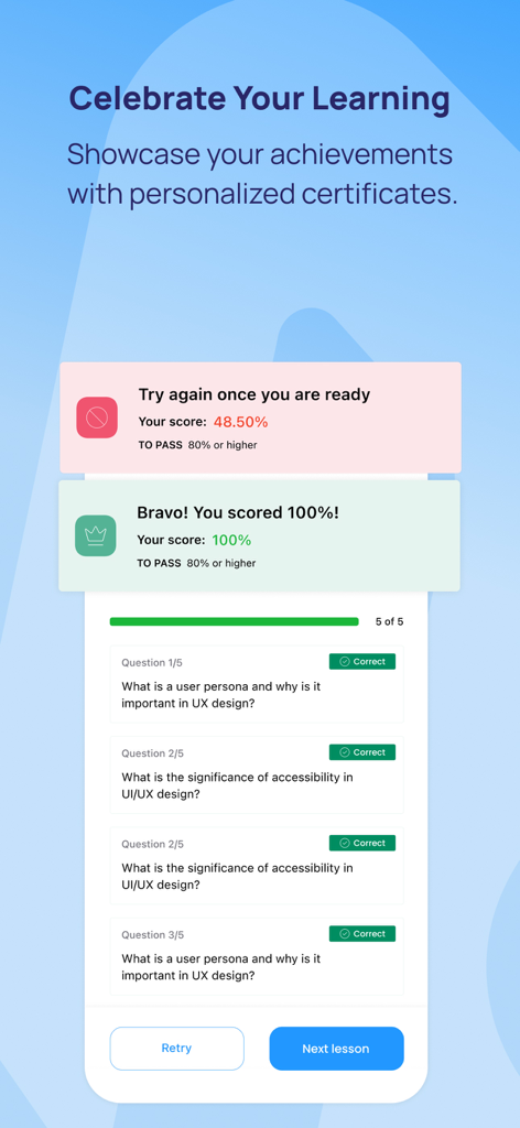 Reab: Safe Social & Supper App - Interface of the Reab app showing quiz scores and course learning progress