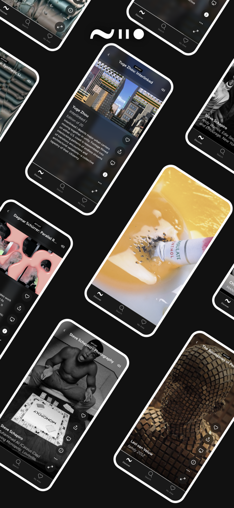 A collage of mobile screens from the Niio Art app displaying curated digital art collections and artist portfolios