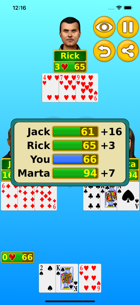 Sobreposição do placar mostrando as pontuações e pontos dos jogadores em um jogo de cartas Copas