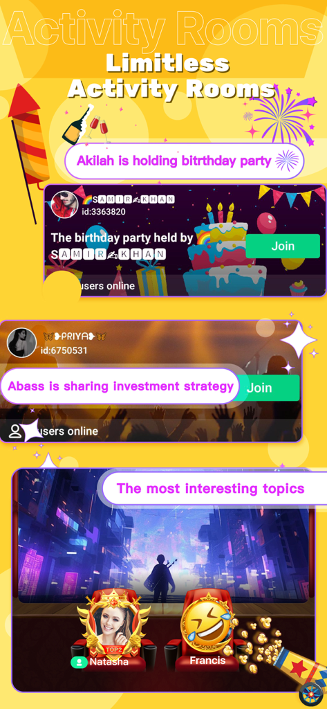 YoHo app interface displaying various activity rooms for group voice chat and discussion topics
