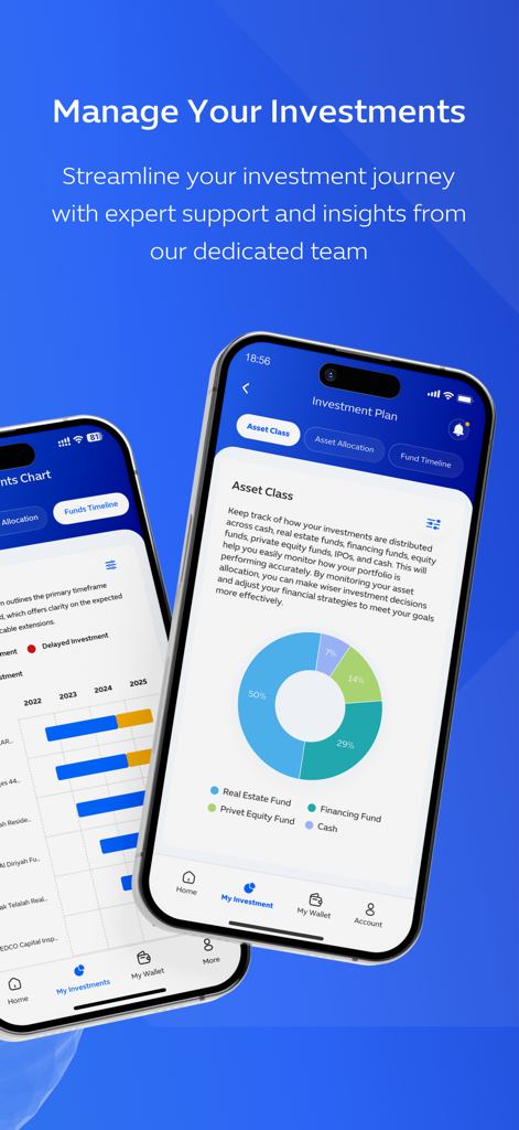 Aseel mobile app screens showing investment asset allocation chart and portfolio timeline