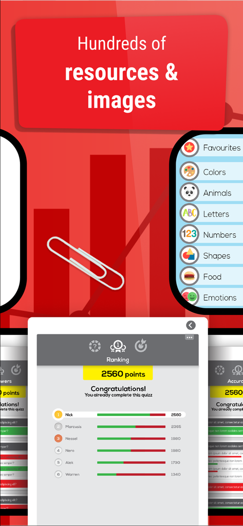 Make It: Create learning games - A screenshot of the Make It app showing educational resource categories and a student ranking leaderboard with scores.