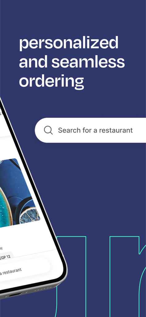 Dyma app screen featuring personalized and seamless ordering text with a restaurant search bar