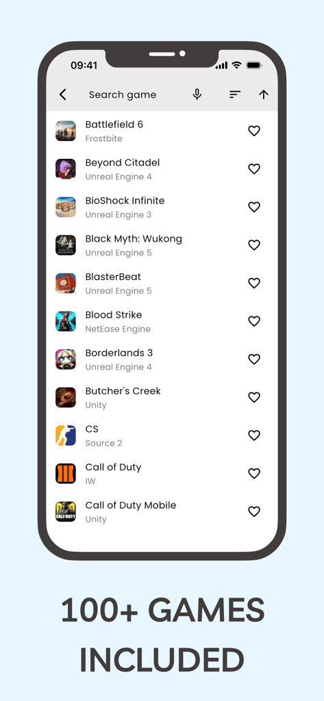 Game Aim Converter - Lista de más de 100 juegos compatibles en la interfaz de la aplicación Game Aim Converter, incluyendo Battlefield, Call of Duty y Counter Strike