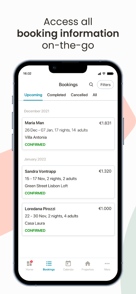 Holidu Host - Interfaccia dell'app mobile Holidu Host che mostra un elenco delle prossime prenotazioni di case vacanze, inclusi nomi degli ospiti e dettagli della proprietà.