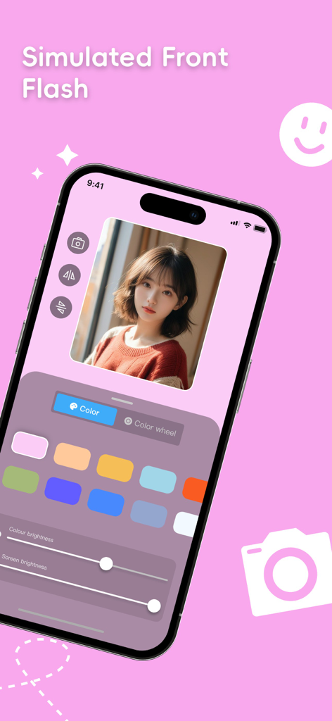GlowCamera Selfie Light Camera - Schermata dello smartphone che mostra l'interfaccia dell'app GlowCamera con flash frontale simulato e impostazioni di regolazione del colore per selfie