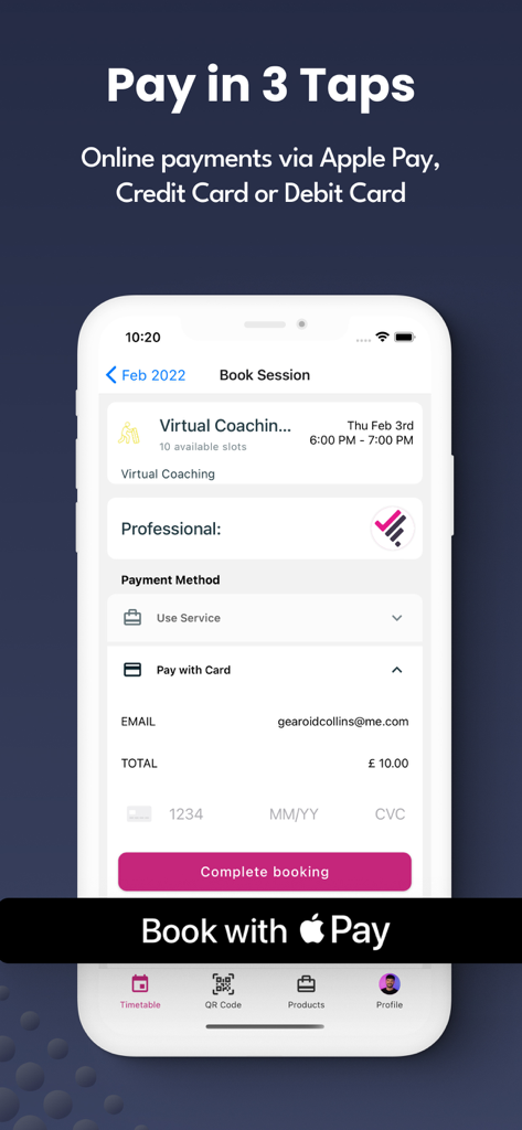 LegitFit - LegitFit app payment screen showing a virtual coaching booking with Apple Pay and credit card options.